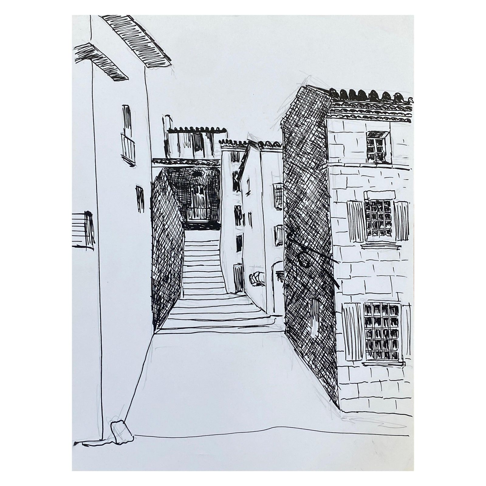 Unknown1950's French Modernist/ Cubist Drawing, Black & White Steps To The French Town1950
