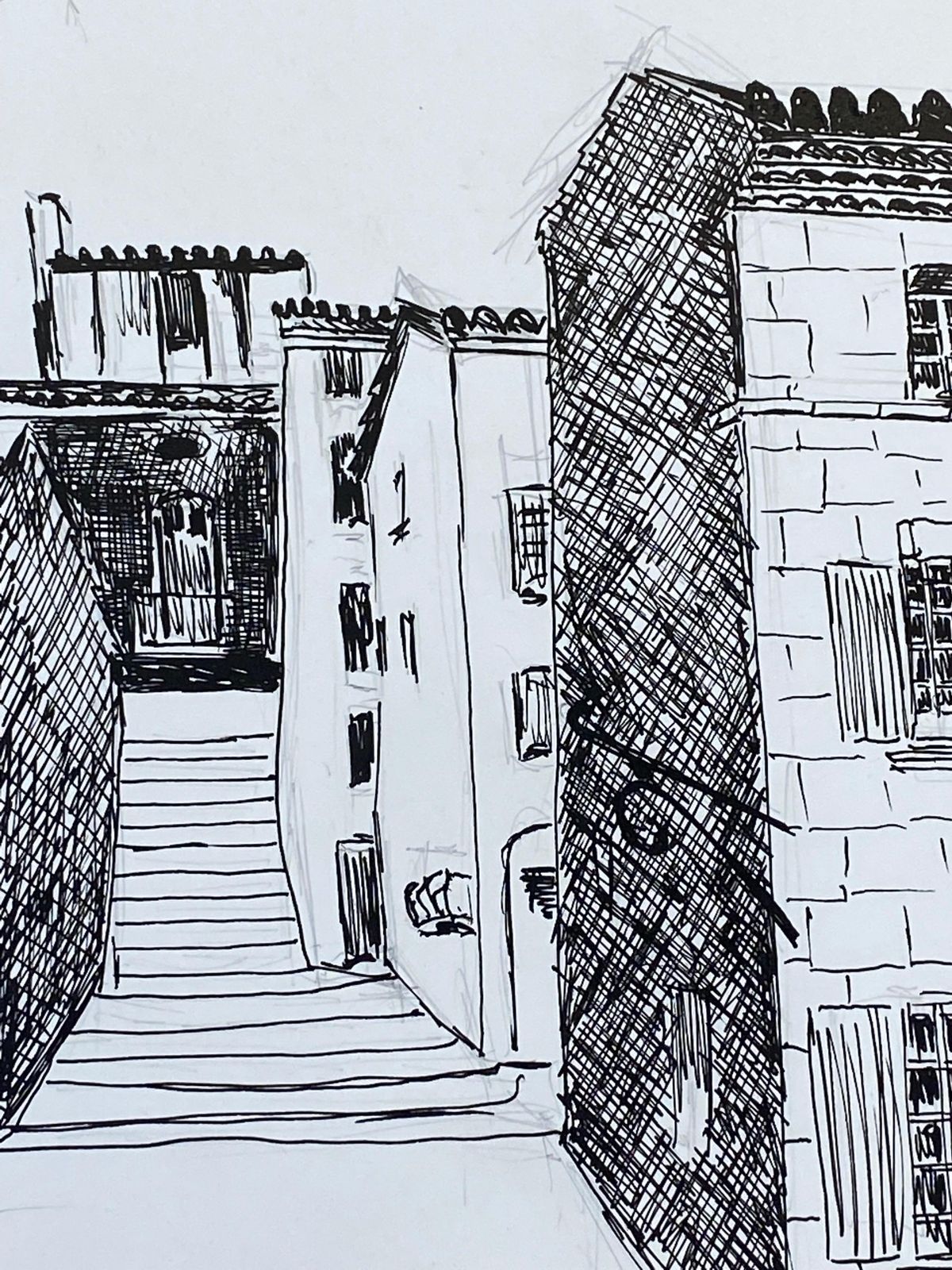 Unknown1950's French Modernist/ Cubist Drawing, Black & White Steps To The French Town1950 photo furniture