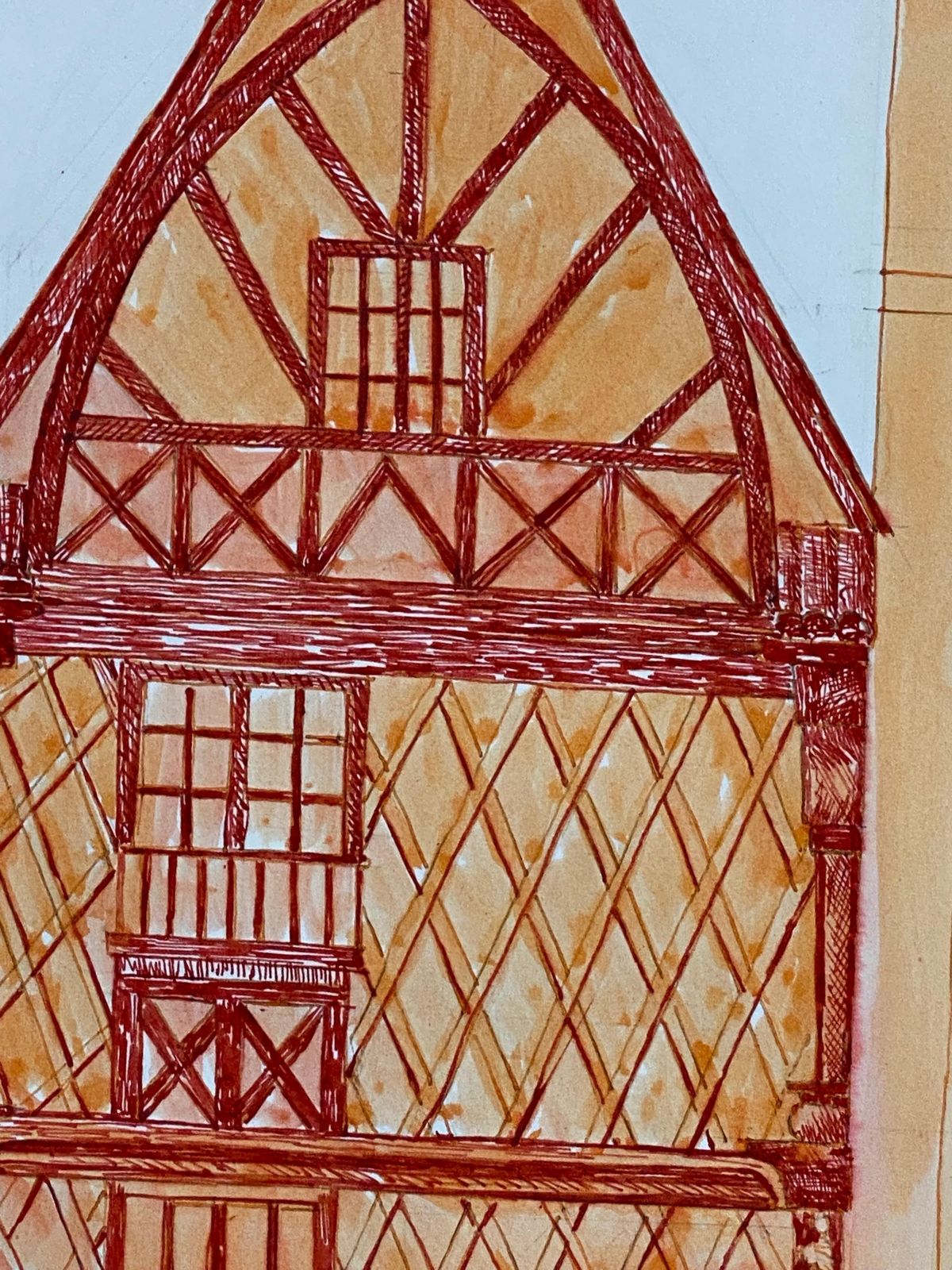 Unknown1950's French Modernist/ Cubist Painting, Orange & Red Tall Building1950 photo buy