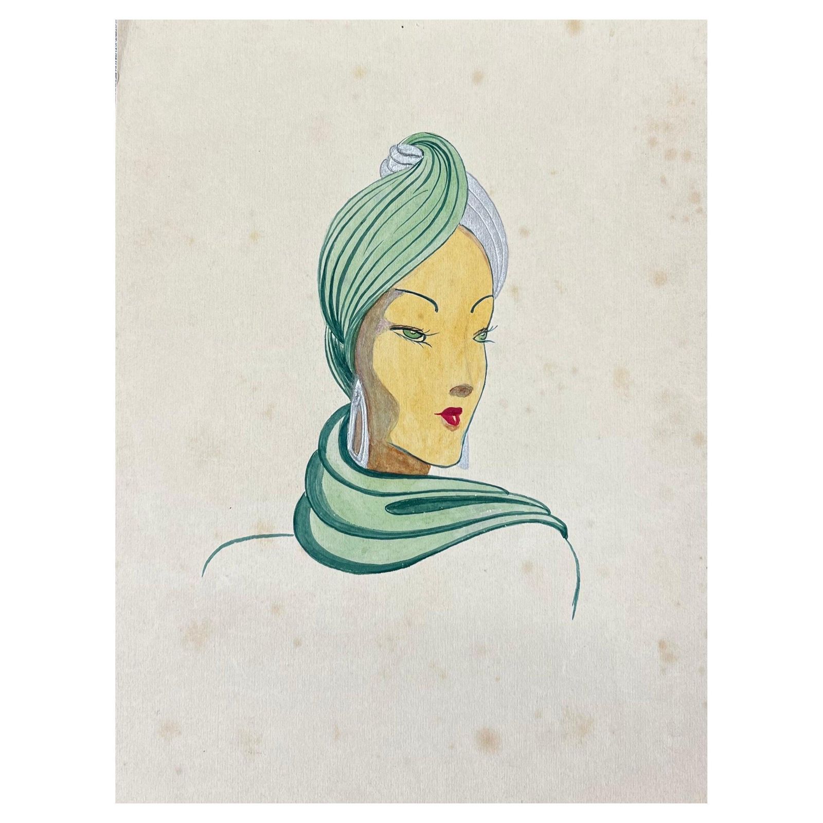 Unknown1940's Fashion Illustration, Lady In Beautiful Green Head Scarfcirca 1940s