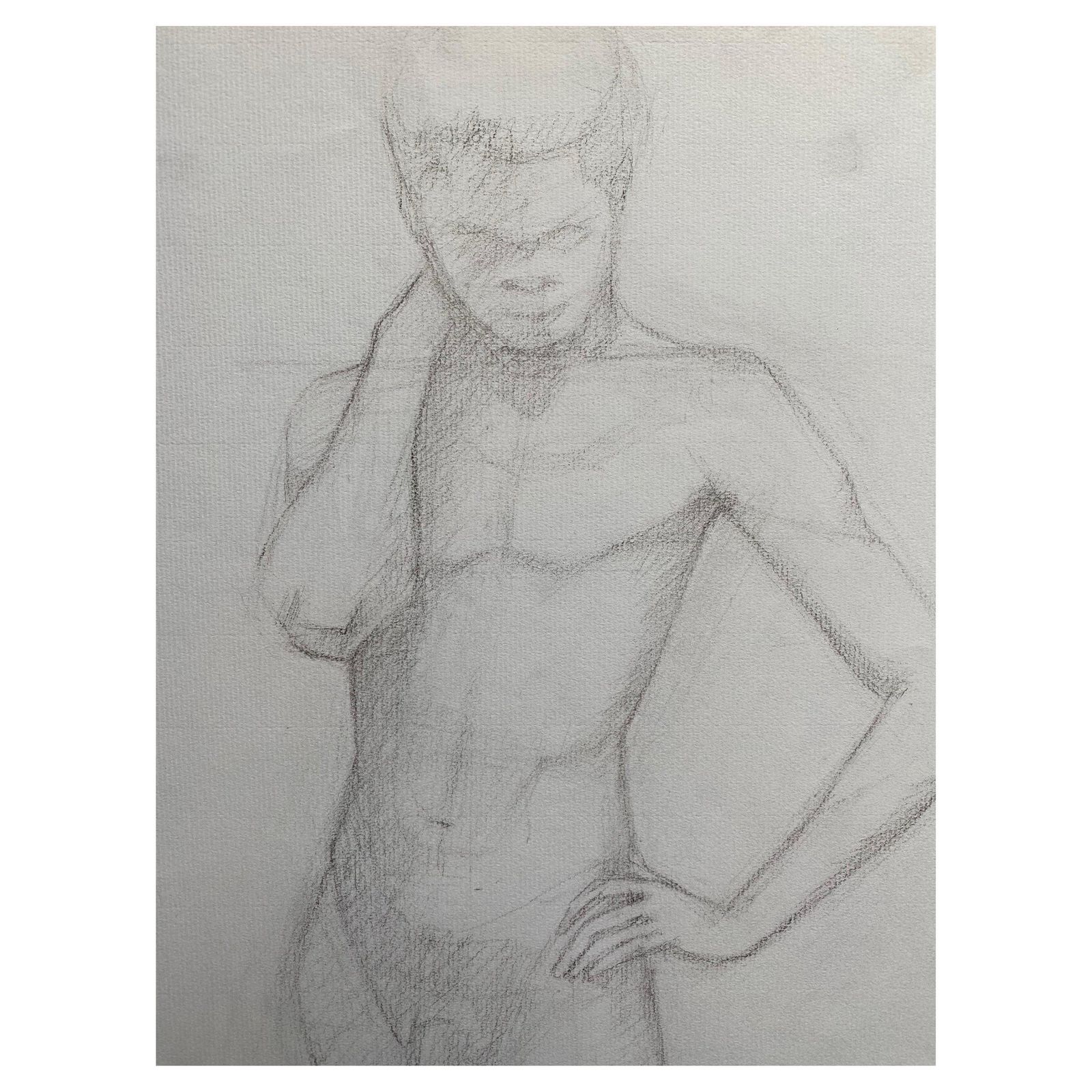 Unknownmid 20th Century French Charcoal Drawing, Portrait Of A Standing Nude Mancirca 1950s