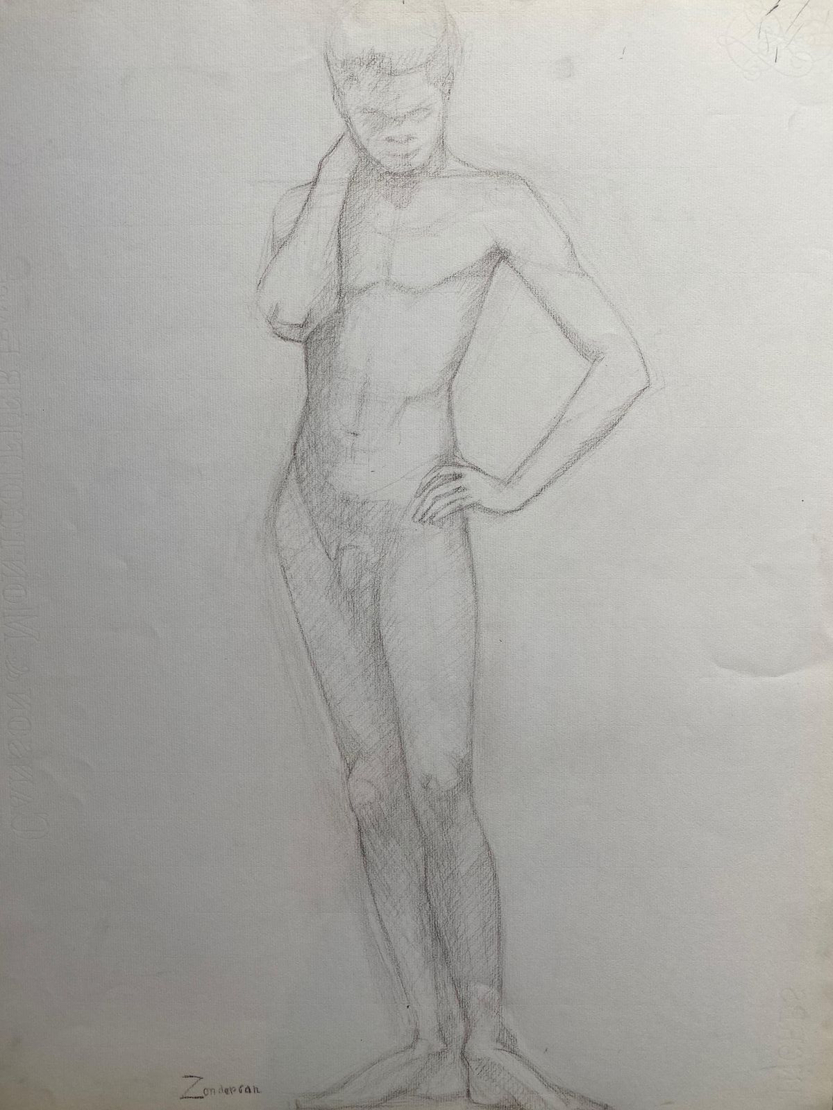 Unknownmid 20th Century French Charcoal Drawing, Portrait Of A Standing Nude Mancirca 1950s photo furniture