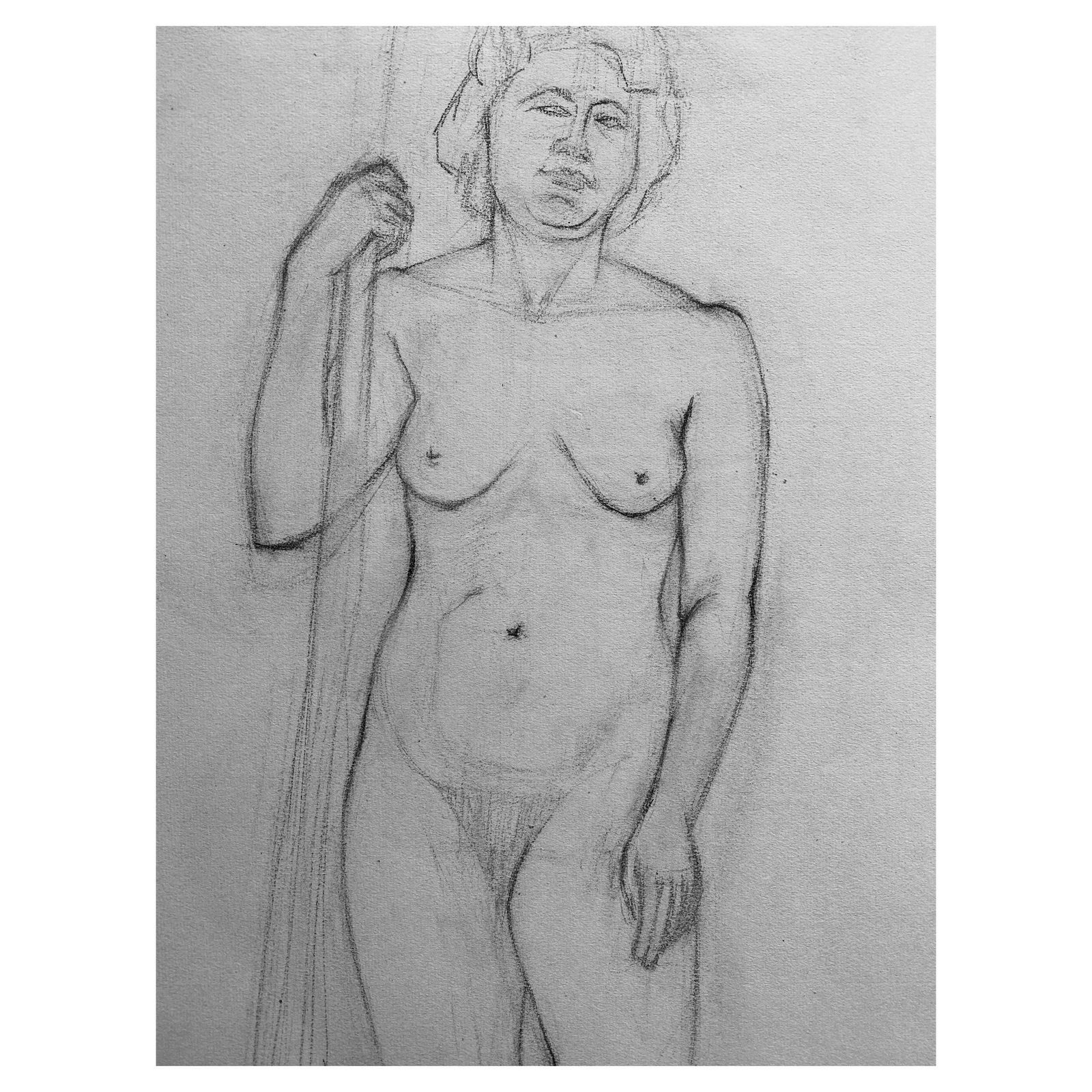 Unknownmid 20th Century French Charcoal Drawing   Portrait Of A Standing Nude Womencirca 1950s