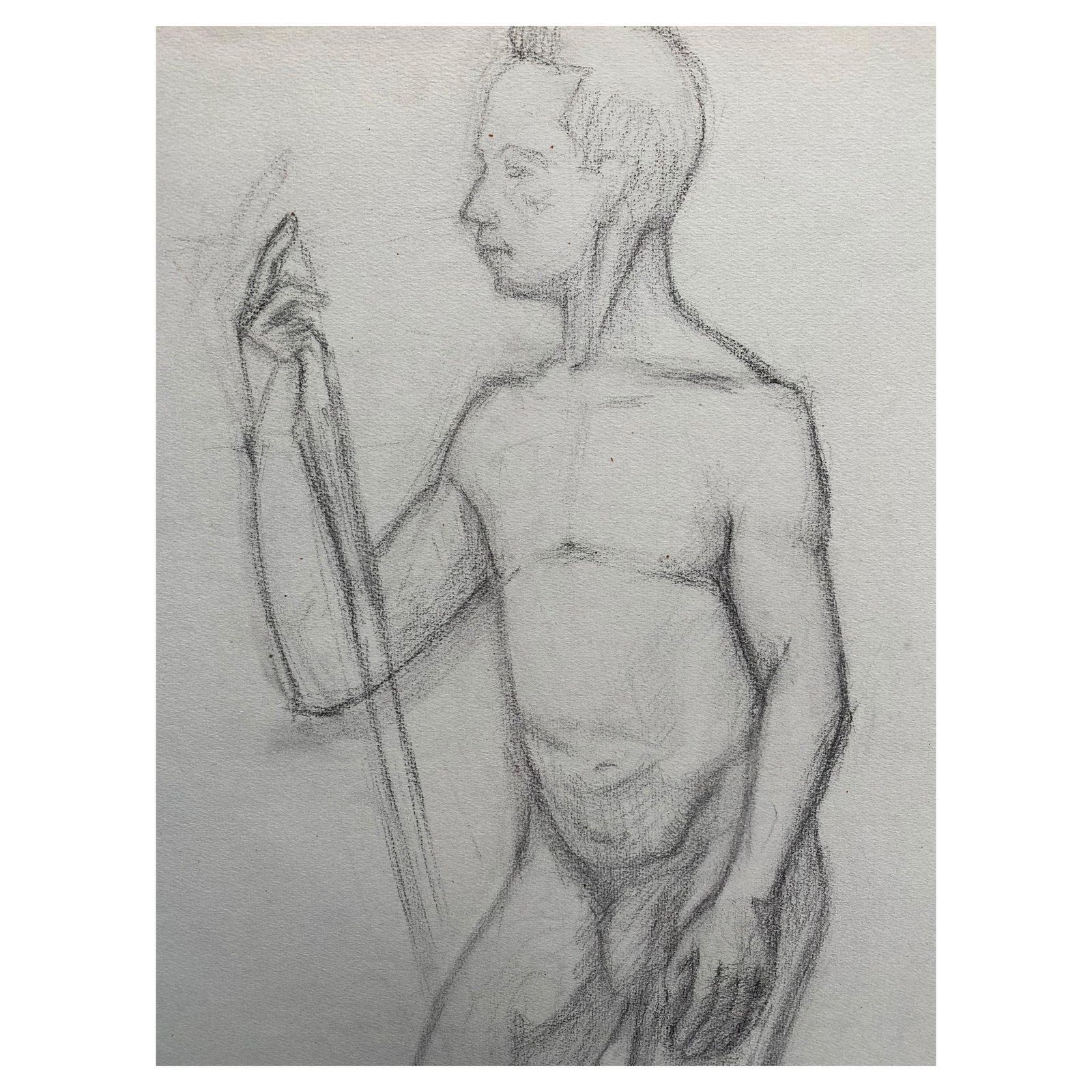 Unknownmid 20th Century French Charcoal Drawing   Portrait Of A Standing Nude Mancirca 1950s