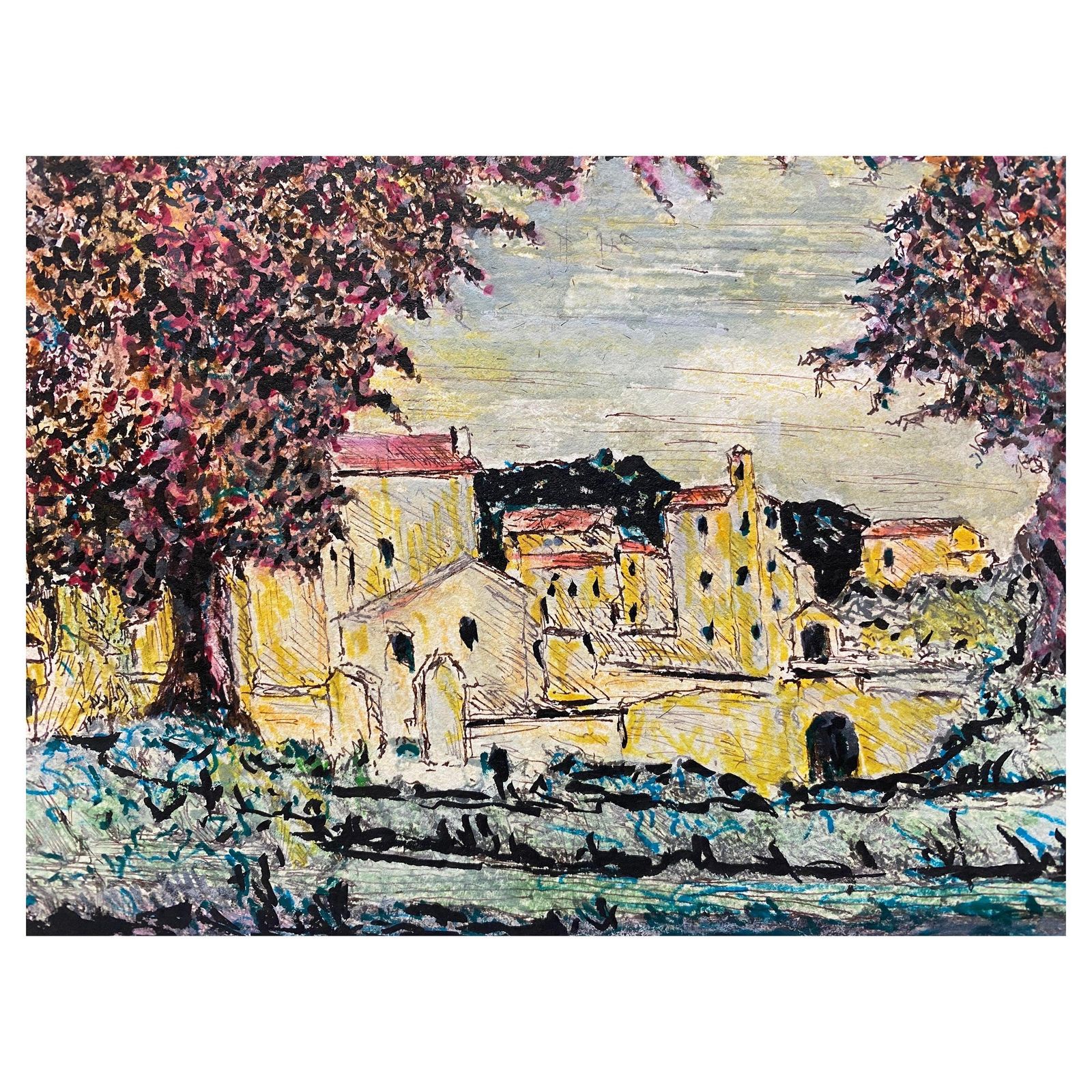 Unknown1950's Modernist Painting, Landscape Of A French Town1950s