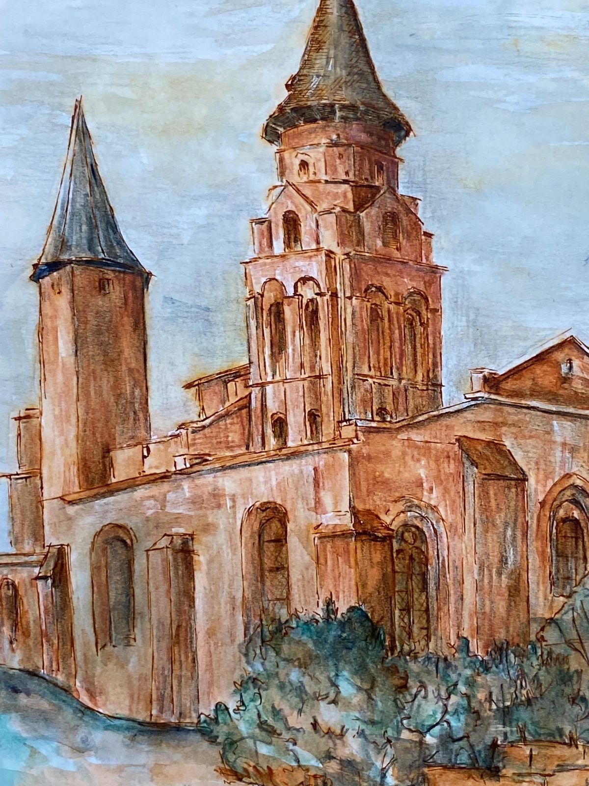 Unknown1950's French Modernist/ Cubist Painting   Orange French Church1950 photo for sale