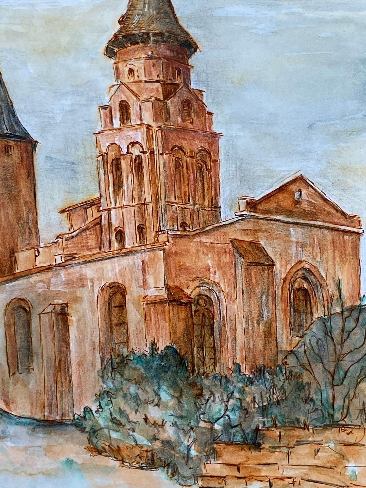 Unknown1950's French Modernist/ Cubist Painting   Orange French Church1950 photo Art