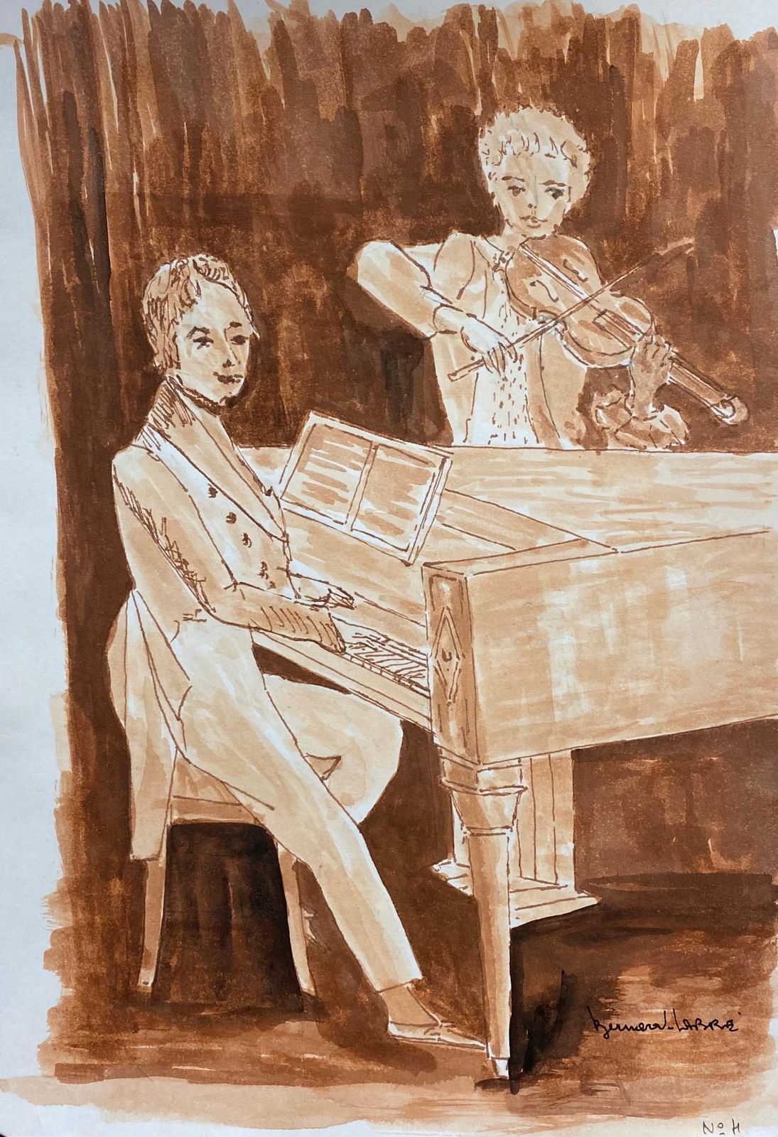 Unknown1950's French Modernist/ Cubist Painting Signed, Pianist & Violin Duet photo furniture