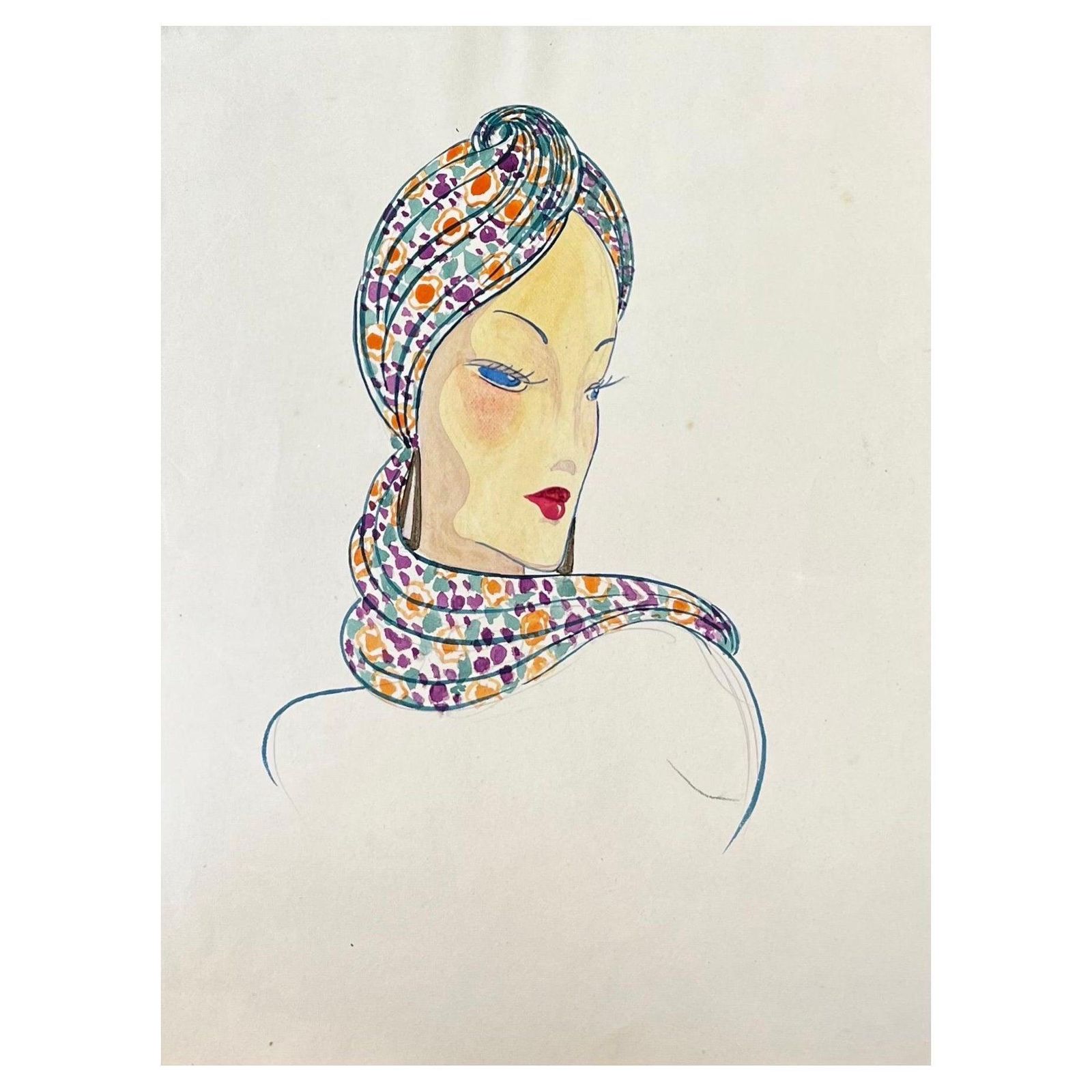 Unknown1940's Fashion Illustration, Lady In Chic Headscarfcirca 1940s