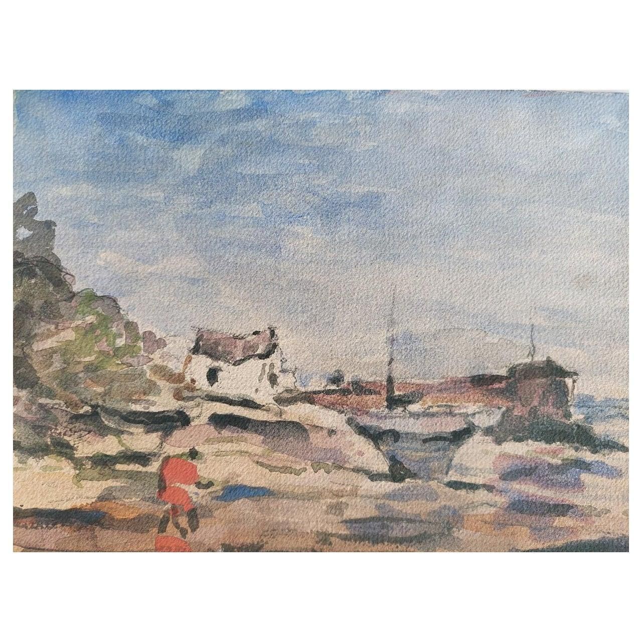 Unknownfrench Modernist Cubist Painting Figure By The Harbour20th Century