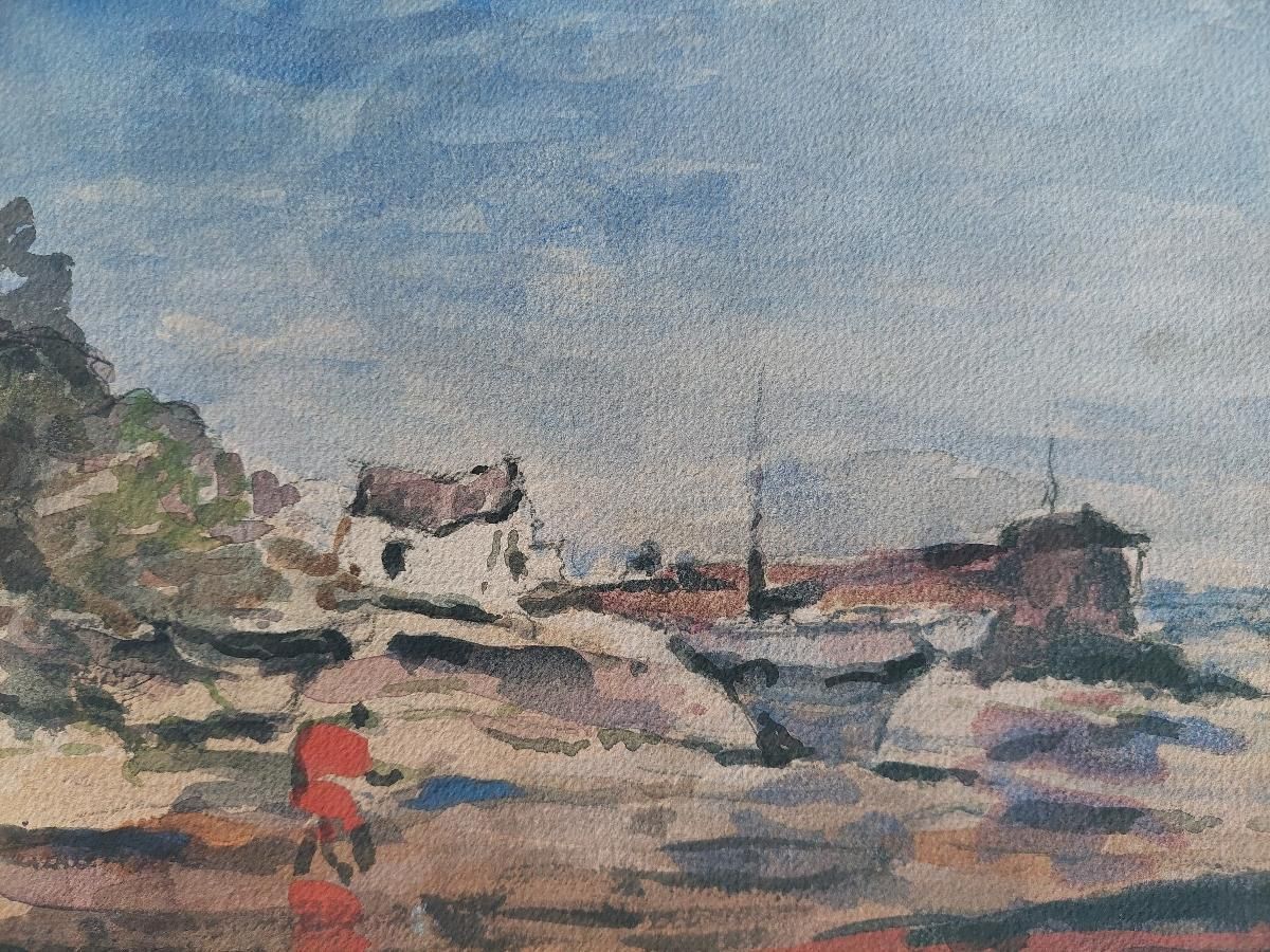 Unknownfrench Modernist Cubist Painting Figure By The Harbour20th Century photo for sale