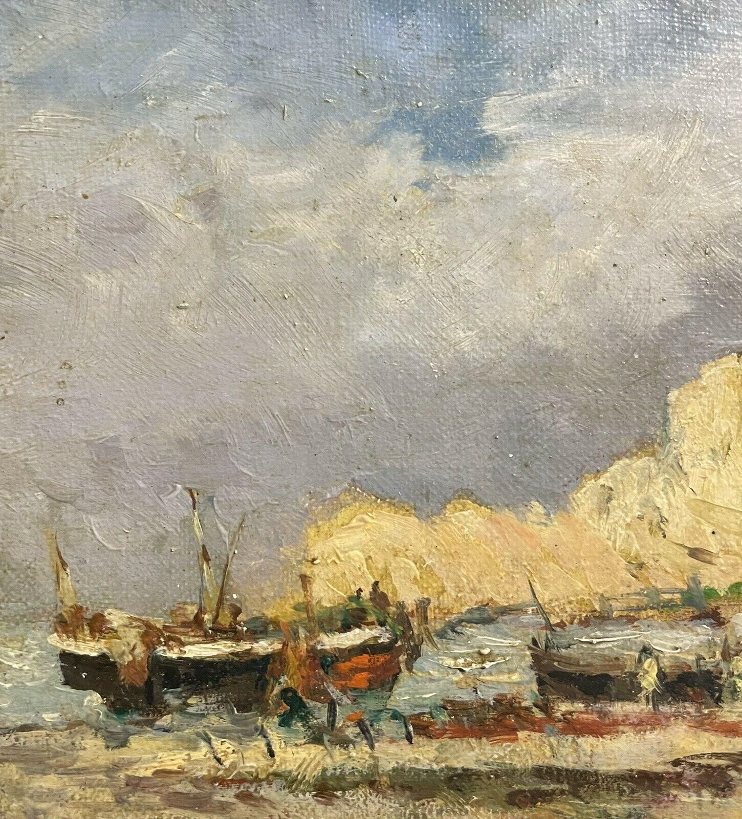 Unknownmaurice Mazeilie French Impressionist Oil, Busy Beach Coastal Fishing Boats20th Century photo for sale