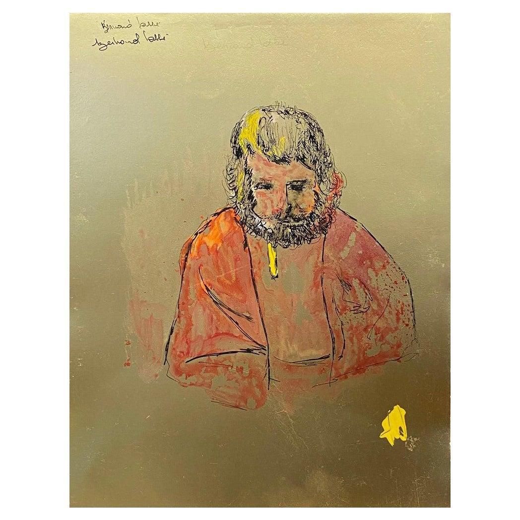 Unknown1950's Modernist Painting, Portrait Of Figure On Gold1950s