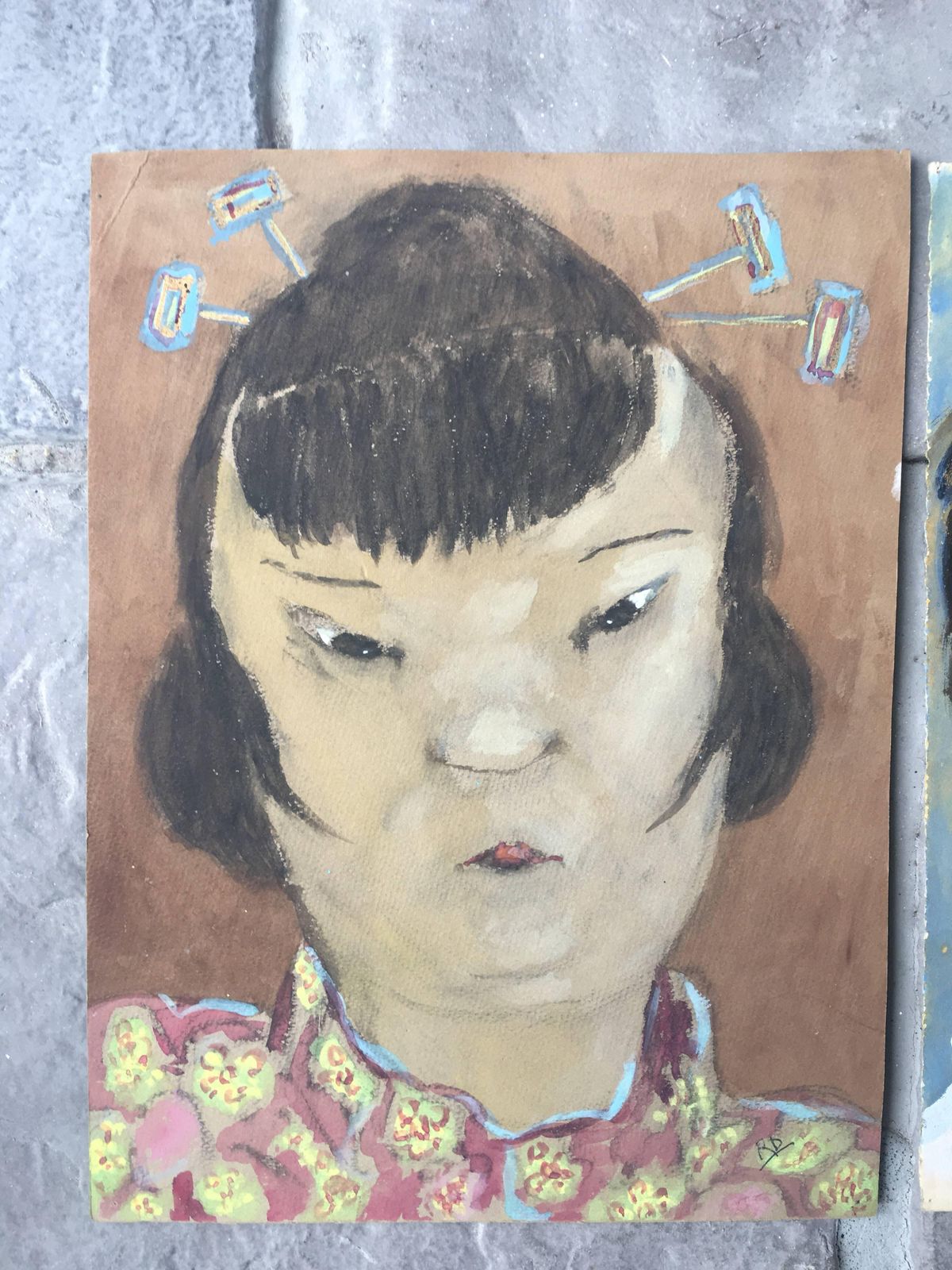 Unknownpair Of French Character Portraits, Brown And Navy Backgroundscirca 1960s photo Art