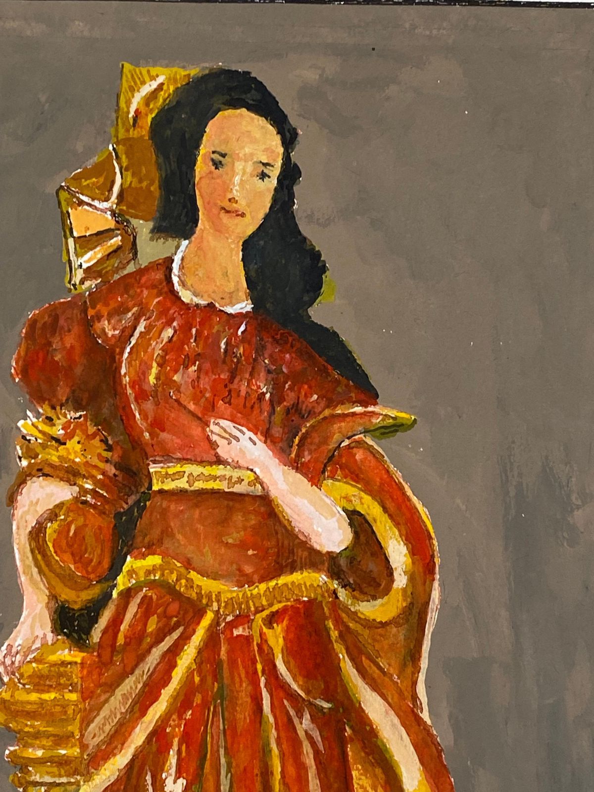Unknown1950's French Modernist/ Cubist Painting   Lady In Vibrant Red & Orange Dress1950 photo 357.0