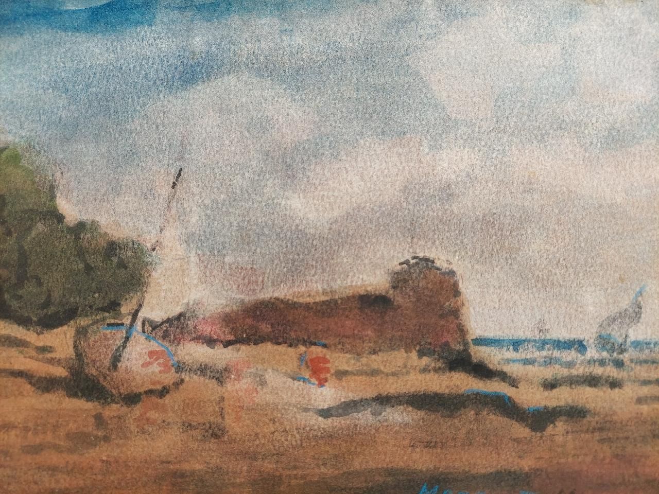 Maurice Mazeiliefrench Modernist Cubist Painting Boat Pulled Up On The Shore20th Century photo for sale