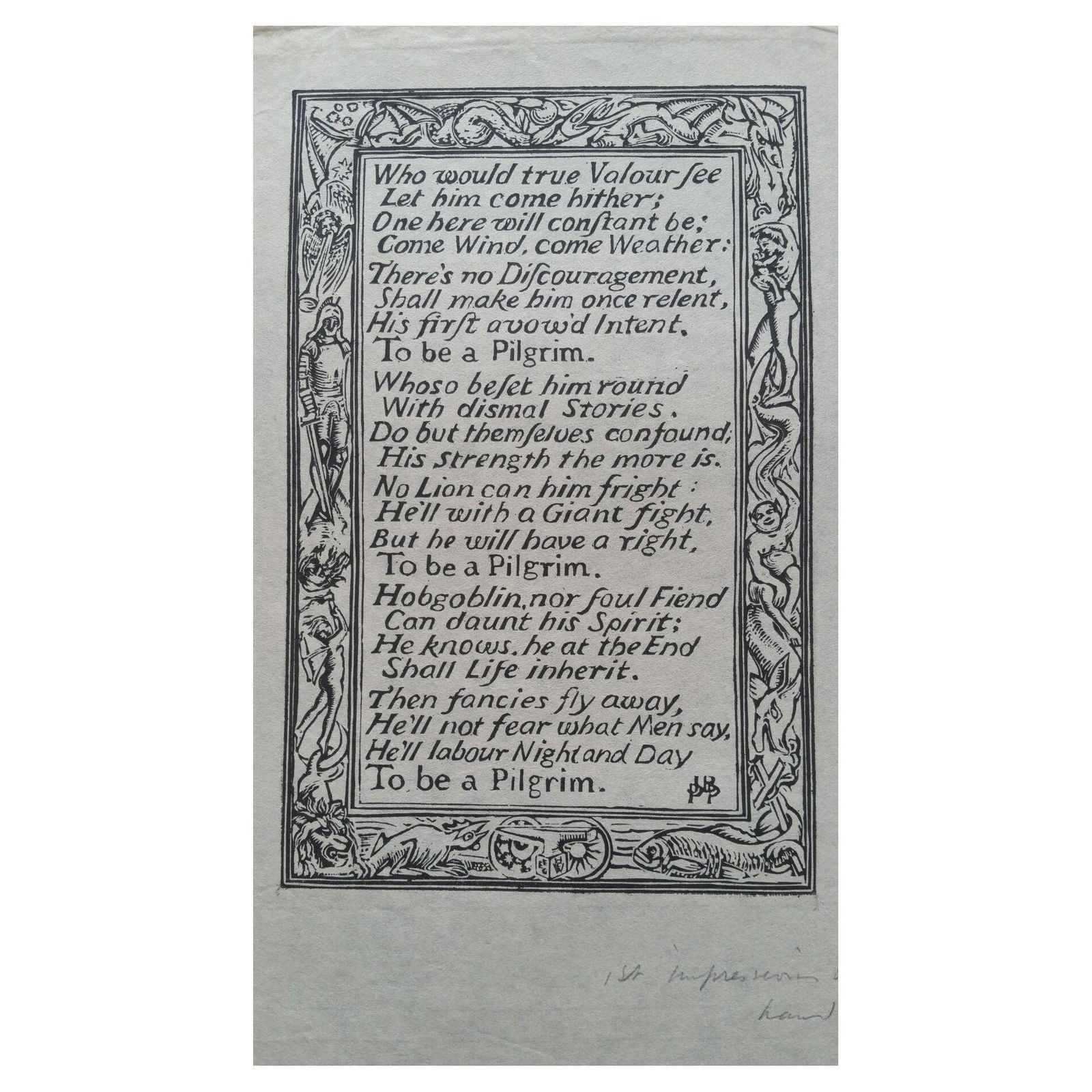 Unknownenglish Antique Woodcut Engraving, Inscribed, Of Bunyan Hymncirca 1920 1930