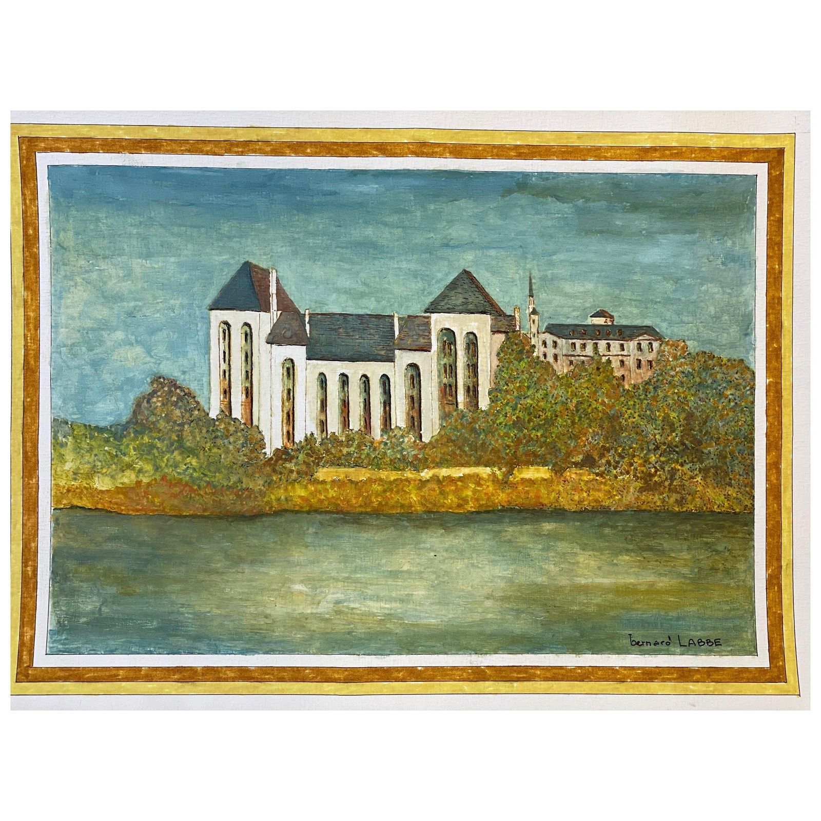 Unknown1950's Modernist Signed Painting, Large French Building Over River1950s