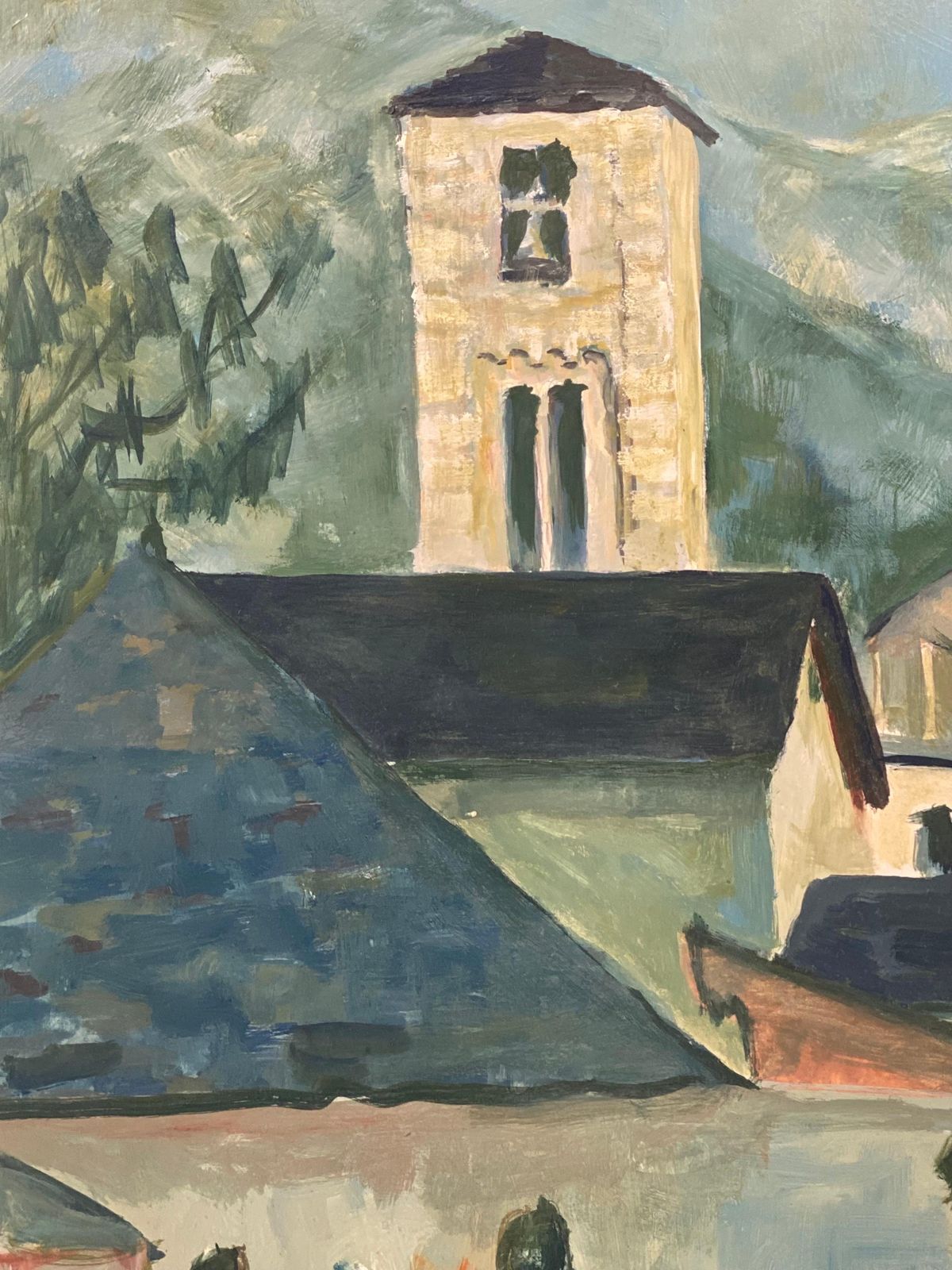 Unknown1950's Modernist Painting, Bright Blue Town Landscape With Horse And Figures1950s photo vinterior