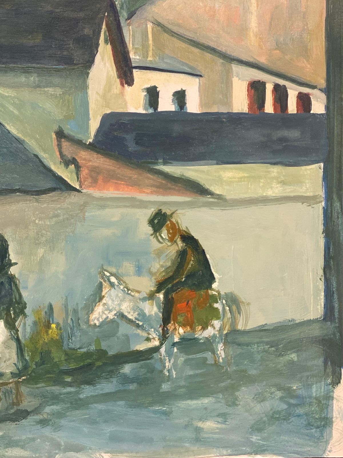 Unknown1950's Modernist Painting, Bright Blue Town Landscape With Horse And Figures1950s photo vintage
