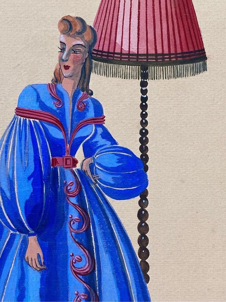 Unknown1940's Fashion Illustration, Lady In Bright Blue Puffy Dress, Interior Scenecirca 1940s photo furniture