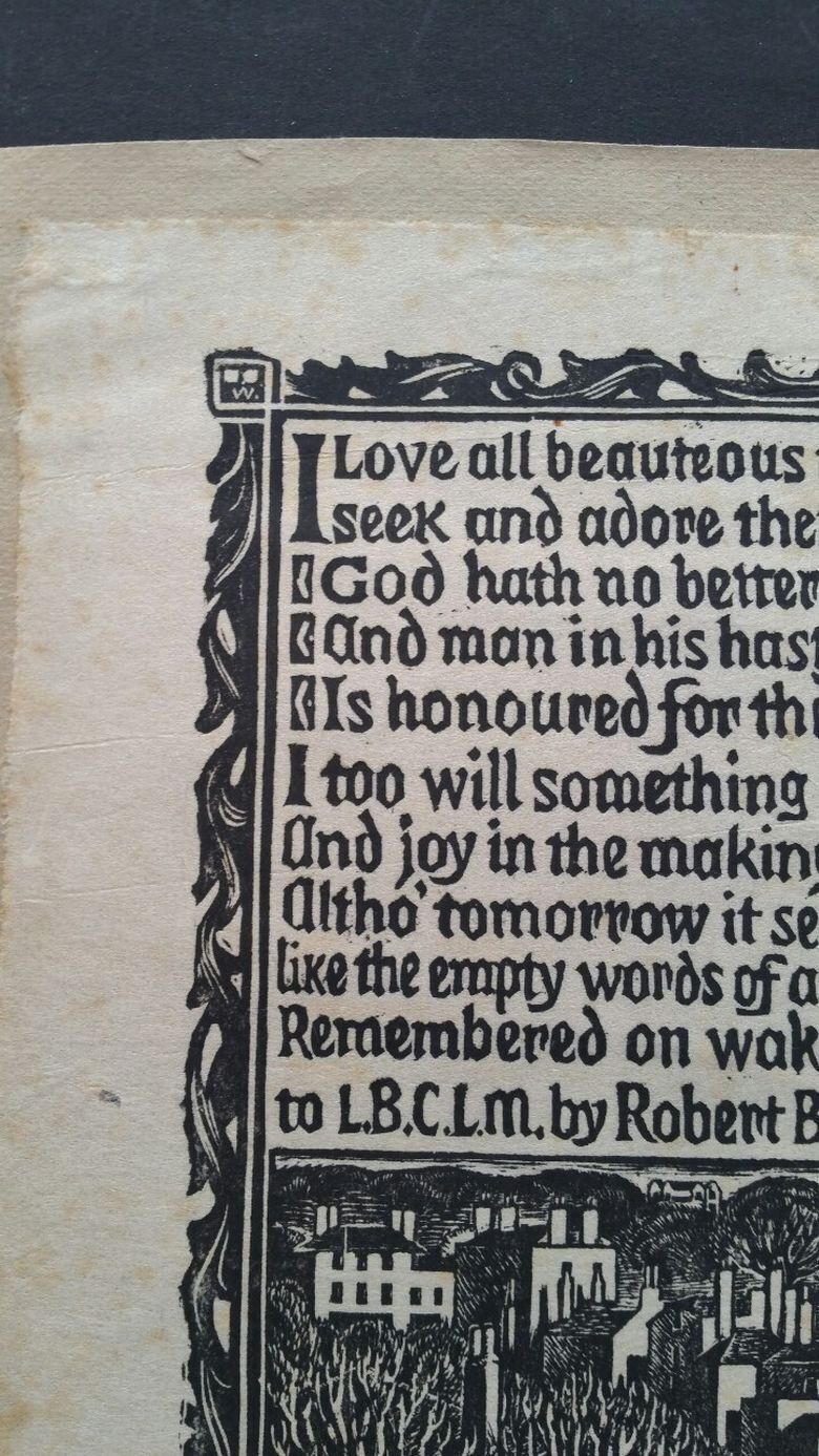 Unknownenglish Antique Woodcut Engraving, Of Prose By Robert Bridgescirca 1920 1930 photo vinterior