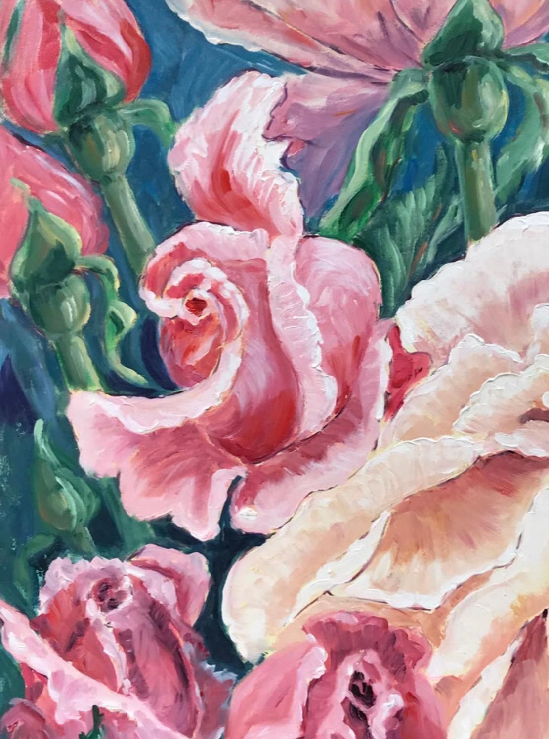 Unknownprofusion Of Pink & Cream Roses, Bright & Colorful French Impressionist Oil2000 photo for sale