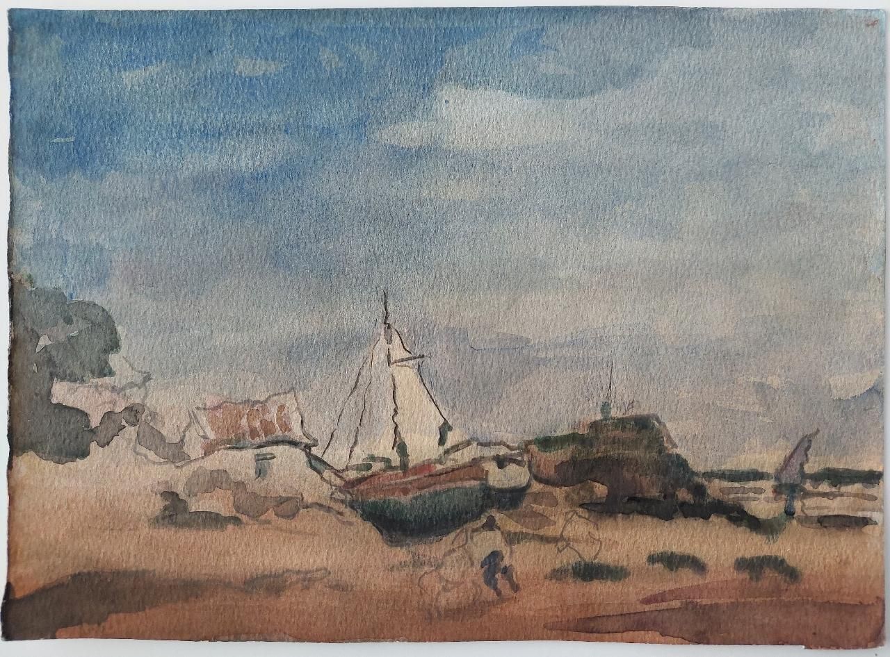 Maurice Mazeiliefrench Modernist Cubist Painting Fishing Boats On Rocky Coast20th Century photo furniture