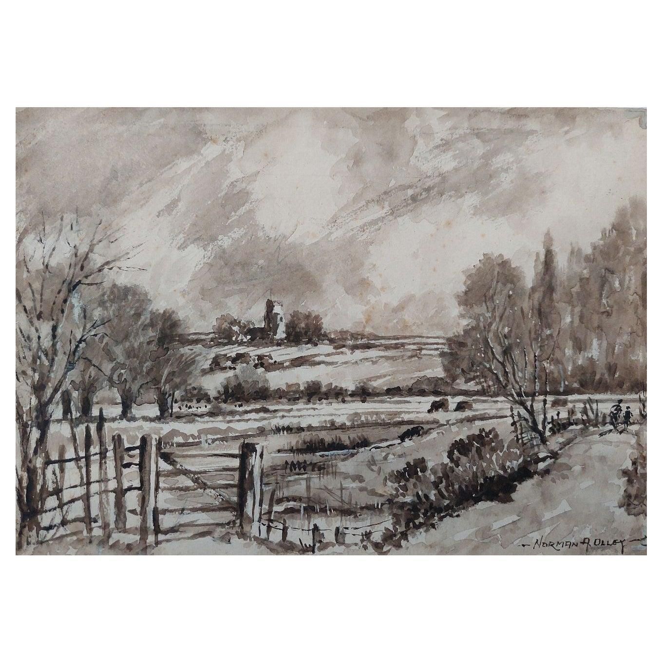 English  Schooltraditional English Painting Chalk Church From Fulborough Marshes In Kent20th Century