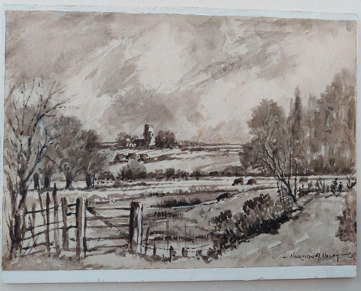 English  Schooltraditional English Painting Chalk Church From Fulborough Marshes In Kent20th Century photo 484.0