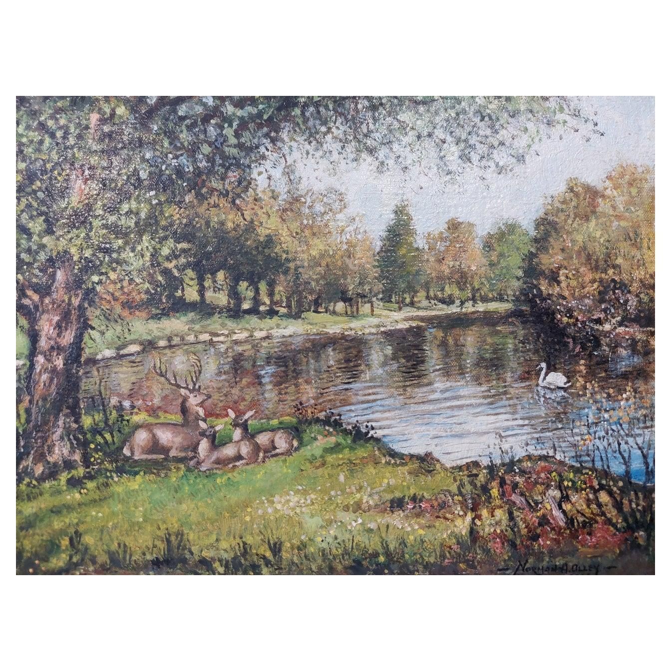English  Schooltraditional English Painting Deer By A River In English Parkland20th Century