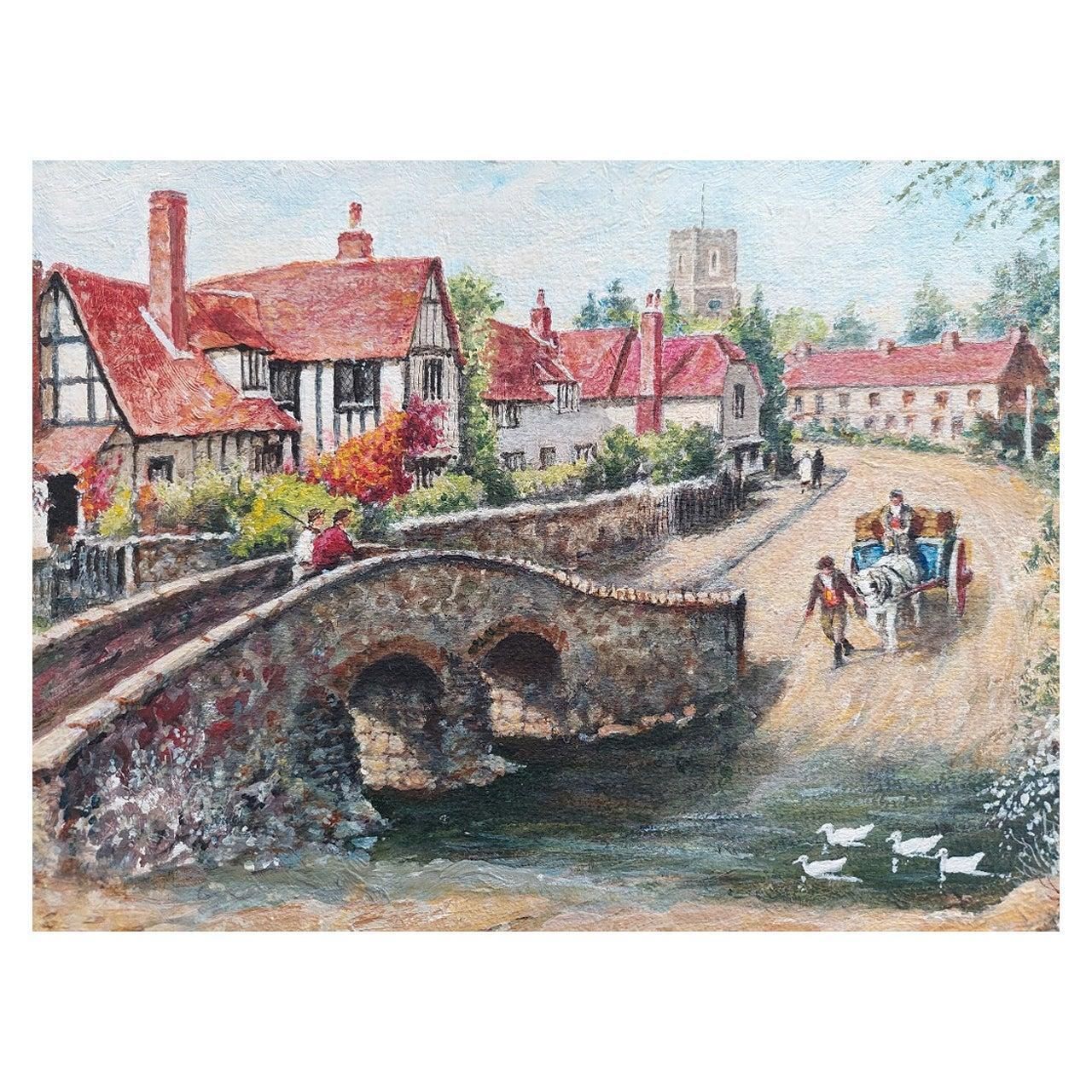 English  Schooltraditional English Painting Country Village Pack Horse Bridge Crossing River20th Century