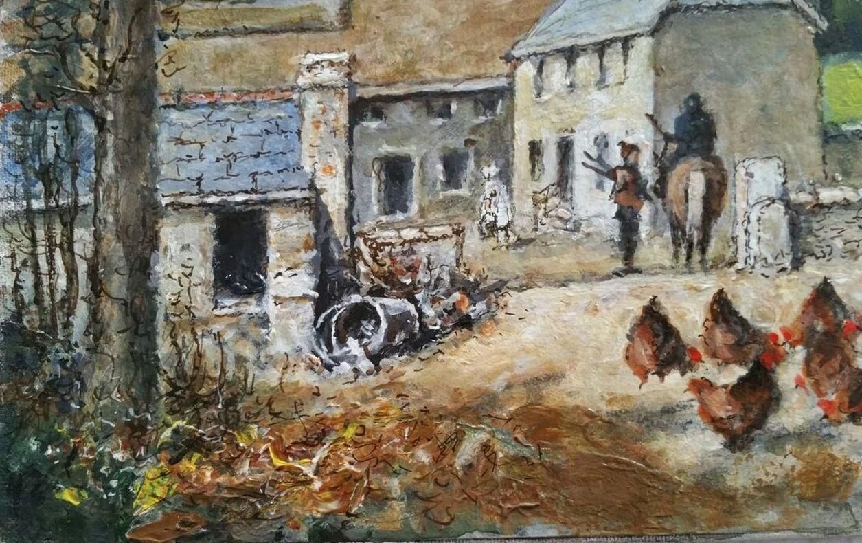 English  Schooltraditional English Painting South Devon Farmyard Chickens At Aveton Gifford20th Century photo vinterior