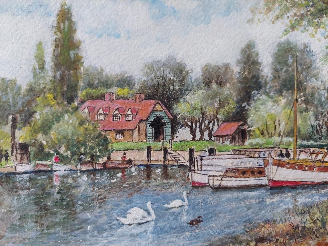 English  Schooltraditional English Painting Angler Fishing At Teddington, London England20th Century photo vintage