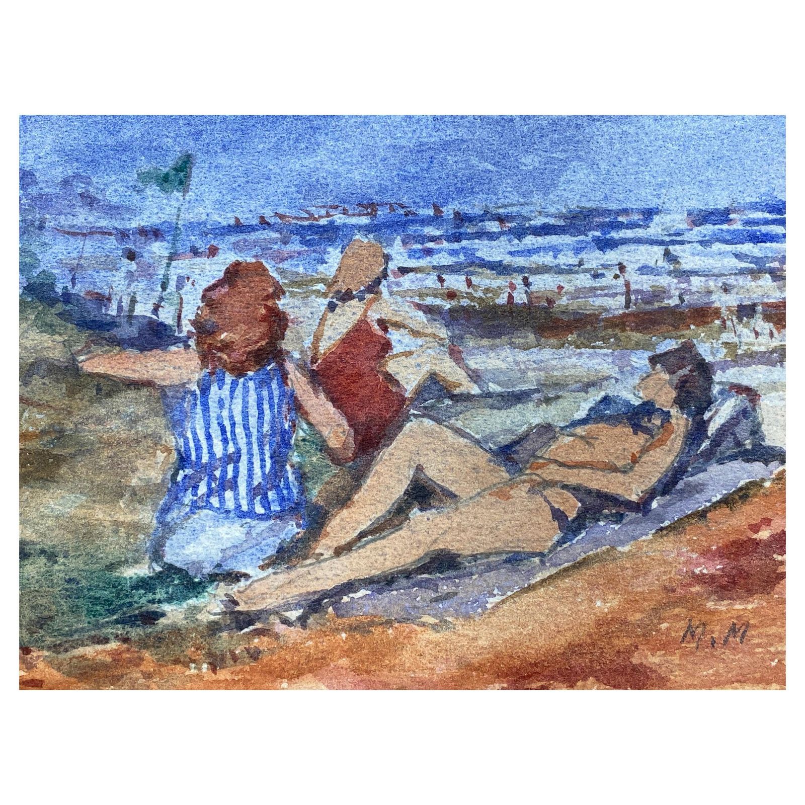 Unknownfrench Impressionist Signed Watercolour, Ladies Day At The Beach20th Century