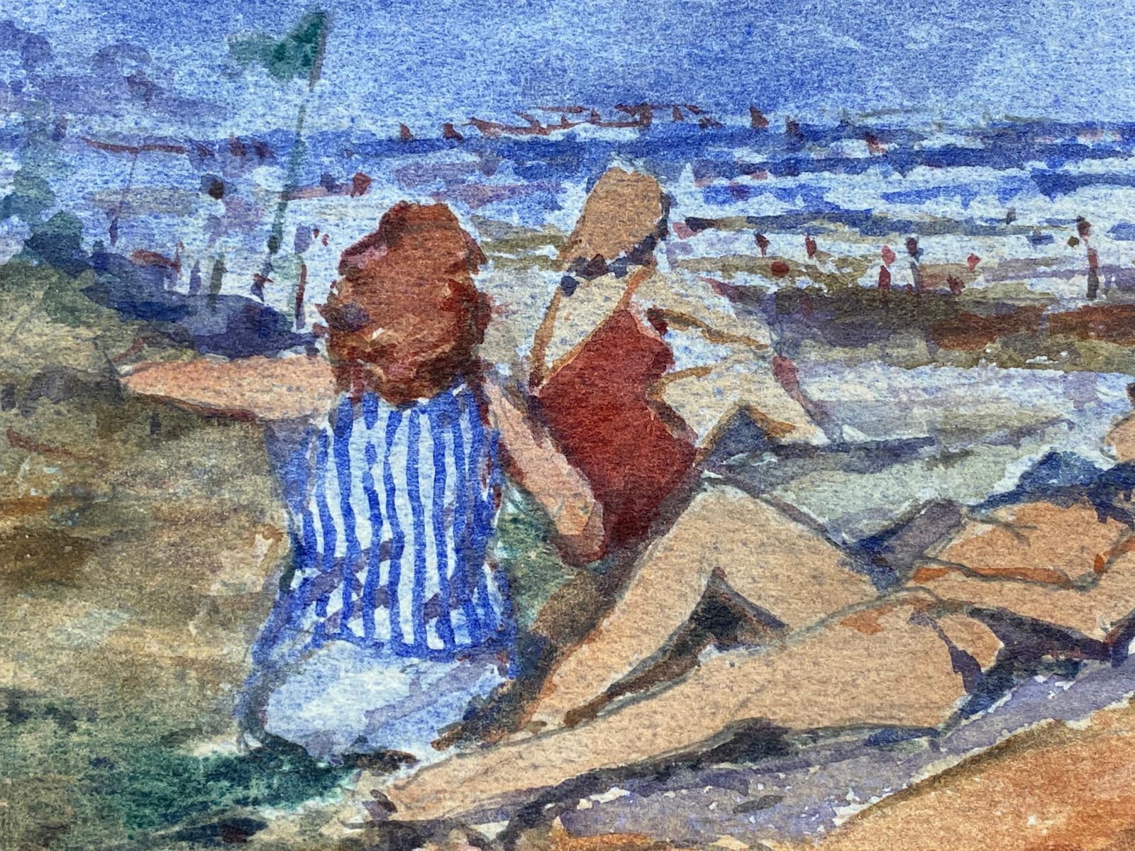 Unknownfrench Impressionist Signed Watercolour, Ladies Day At The Beach20th Century photo furniture