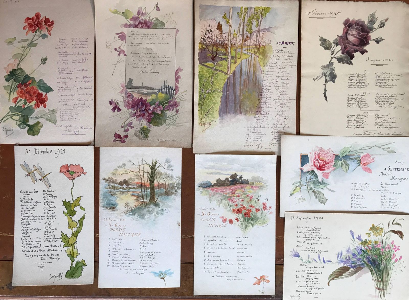 Unknownrare Set Of Nine Original French Watercolour Designs & Illustrationscirca 1900s