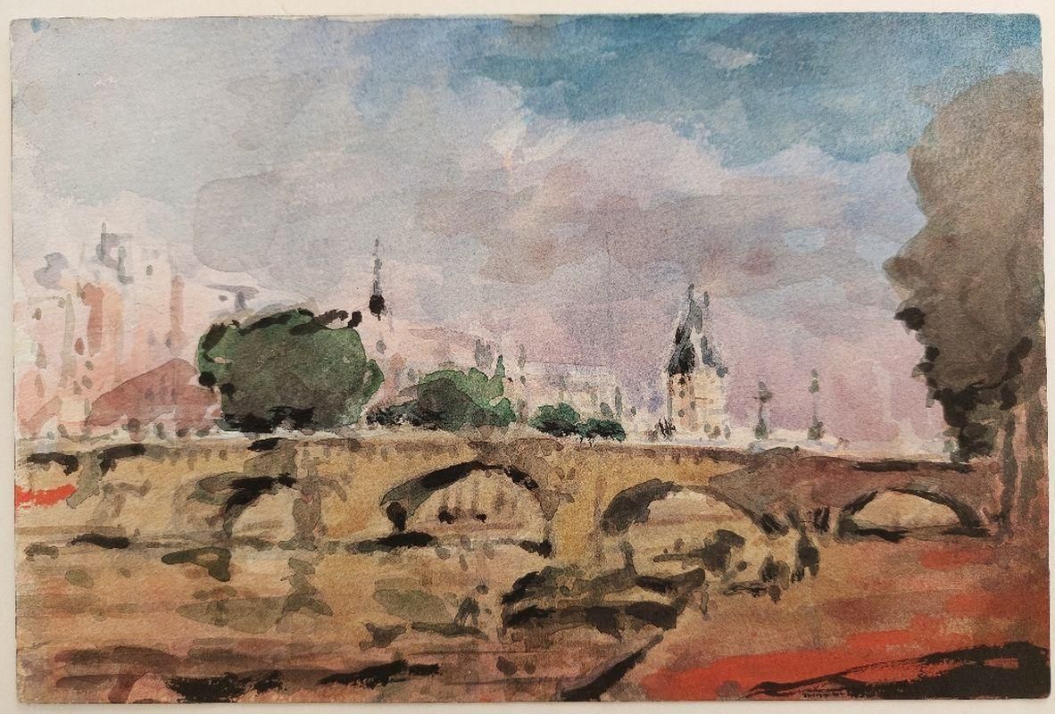 Maurice Mazeiliefrench Modernist Cubist Painting Paris Bridge On River Seine20th Century photo furniture