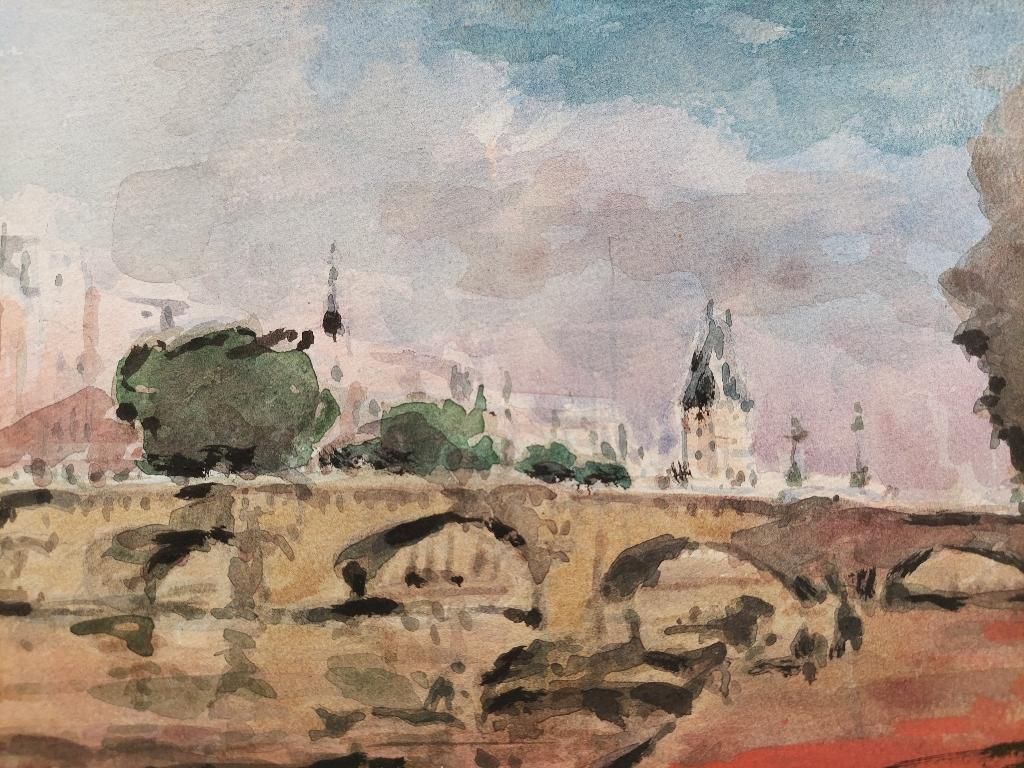 Maurice Mazeiliefrench Modernist Cubist Painting Paris Bridge On River Seine20th Century photo for sale