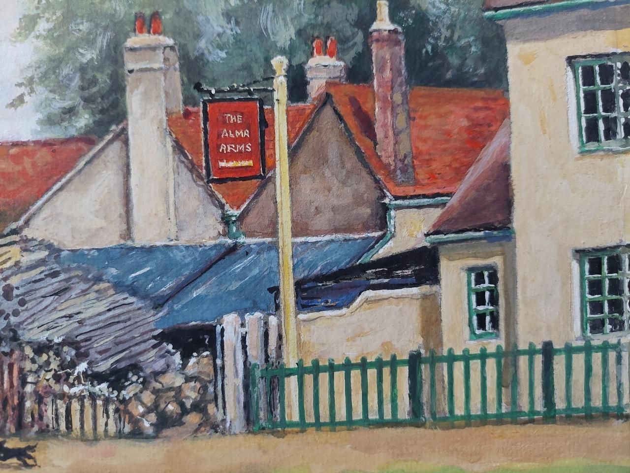 English  Schooltraditional English Painting Woodstacks At The Alma Arms, Weston Green, Surrey20th Century photo vinterior