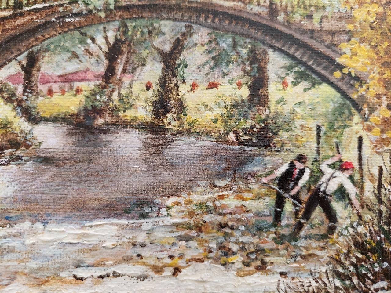 English  Schooltraditional English Painting River Workers, Beckford Bridge Bingley Yorkshire20th Century photo 407.0