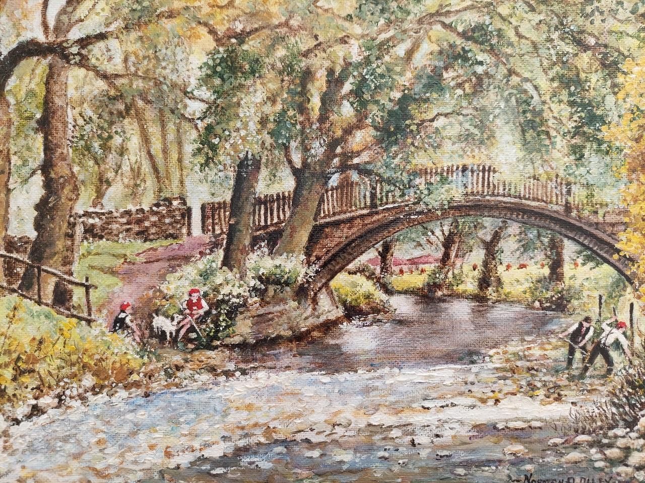 English  Schooltraditional English Painting River Workers, Beckford Bridge Bingley Yorkshire20th Century photo buy