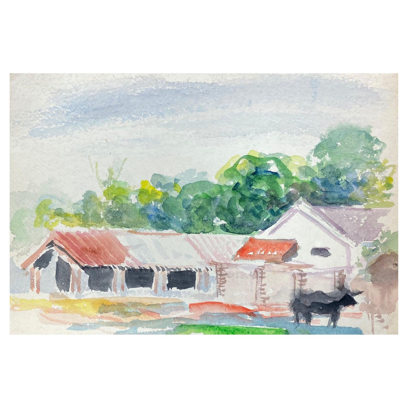 Akos Birocolourful Abstract, French Expressionist Original Painting Farm Buildingscirca 1980s