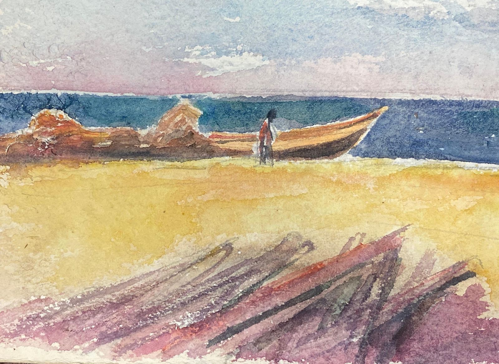 Akos Birofigure On Sandy Beach Boat & Dog, French Expressionist Original Paintingcirca 1980s photo Art