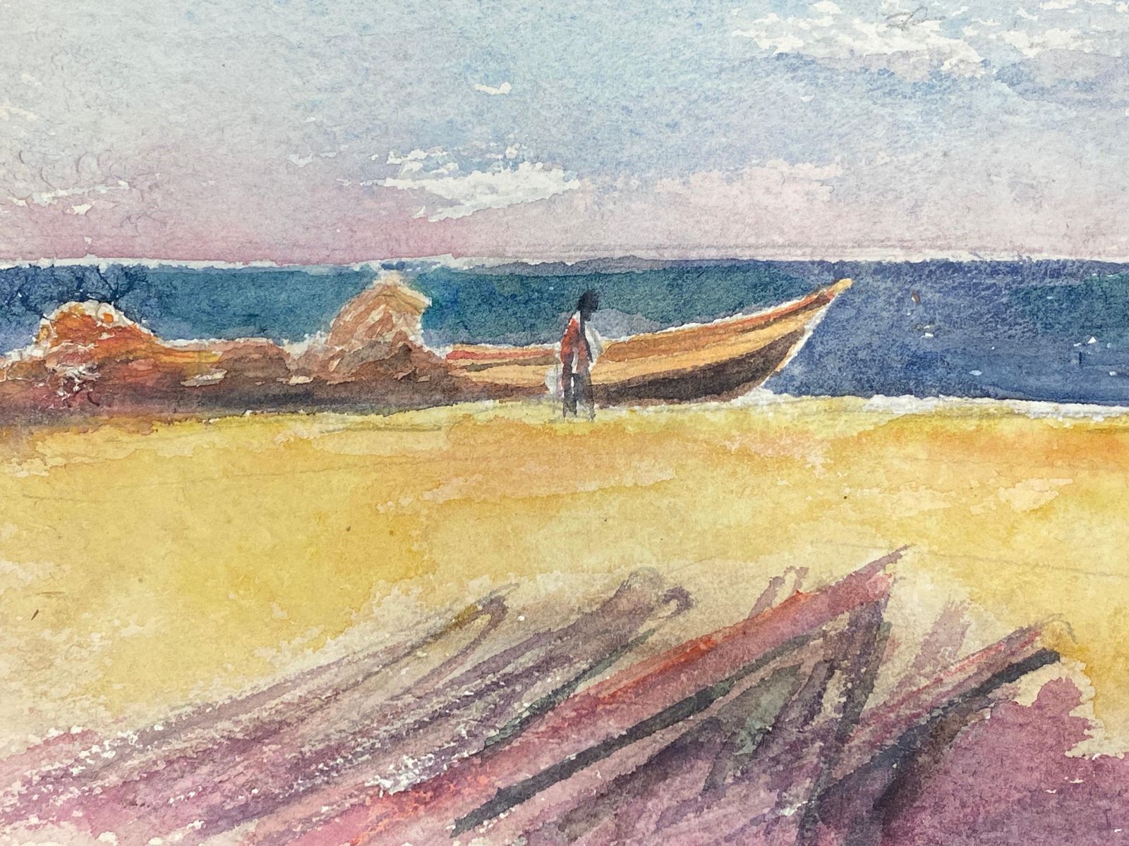 Akos Birofigure On Sandy Beach Boat & Dog, French Expressionist Original Paintingcirca 1980s photo 504.0