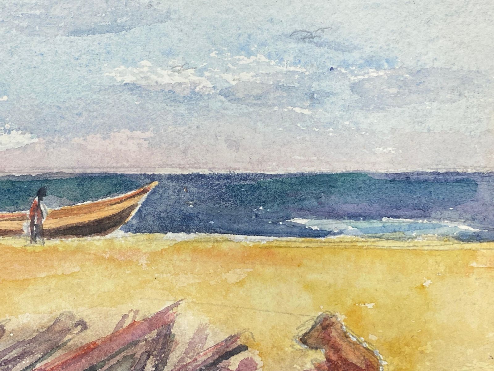 Akos Birofigure On Sandy Beach Boat & Dog, French Expressionist Original Paintingcirca 1980s photo vinterior