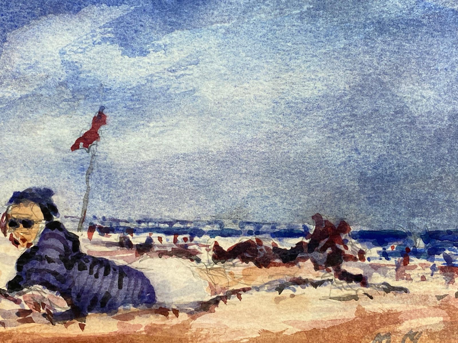 Unknownfrench Impressionist Signed Watercolour, Sun Bathers Landscape20th Century photo for sale