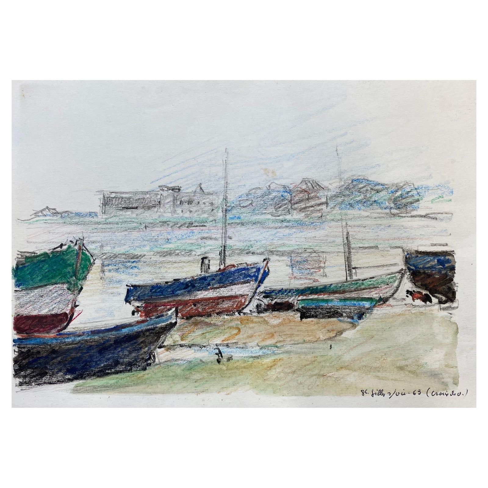 Unknowncamille Meriot French Signed Impressionist Crayon Drawing, Atmospheric Boatscirca 1940s