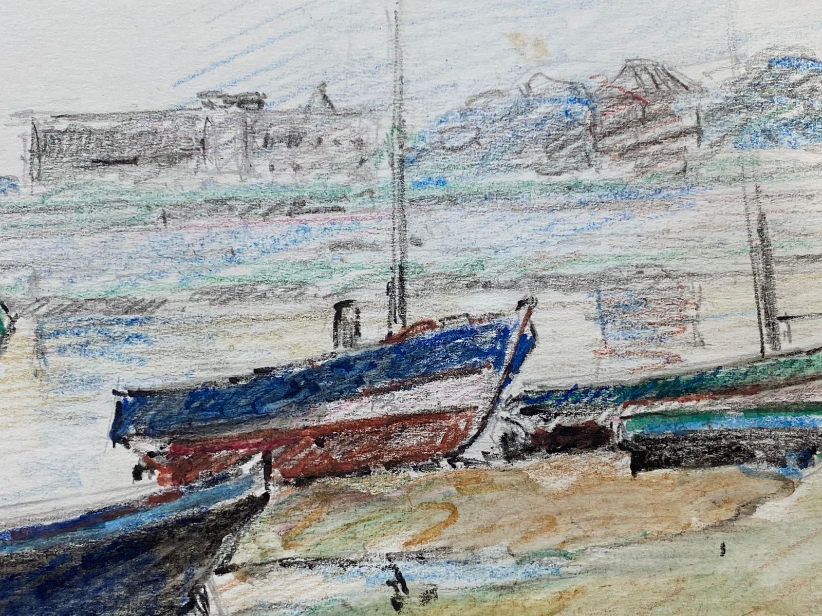 Unknowncamille Meriot French Signed Impressionist Crayon Drawing, Atmospheric Boatscirca 1940s photo for sale