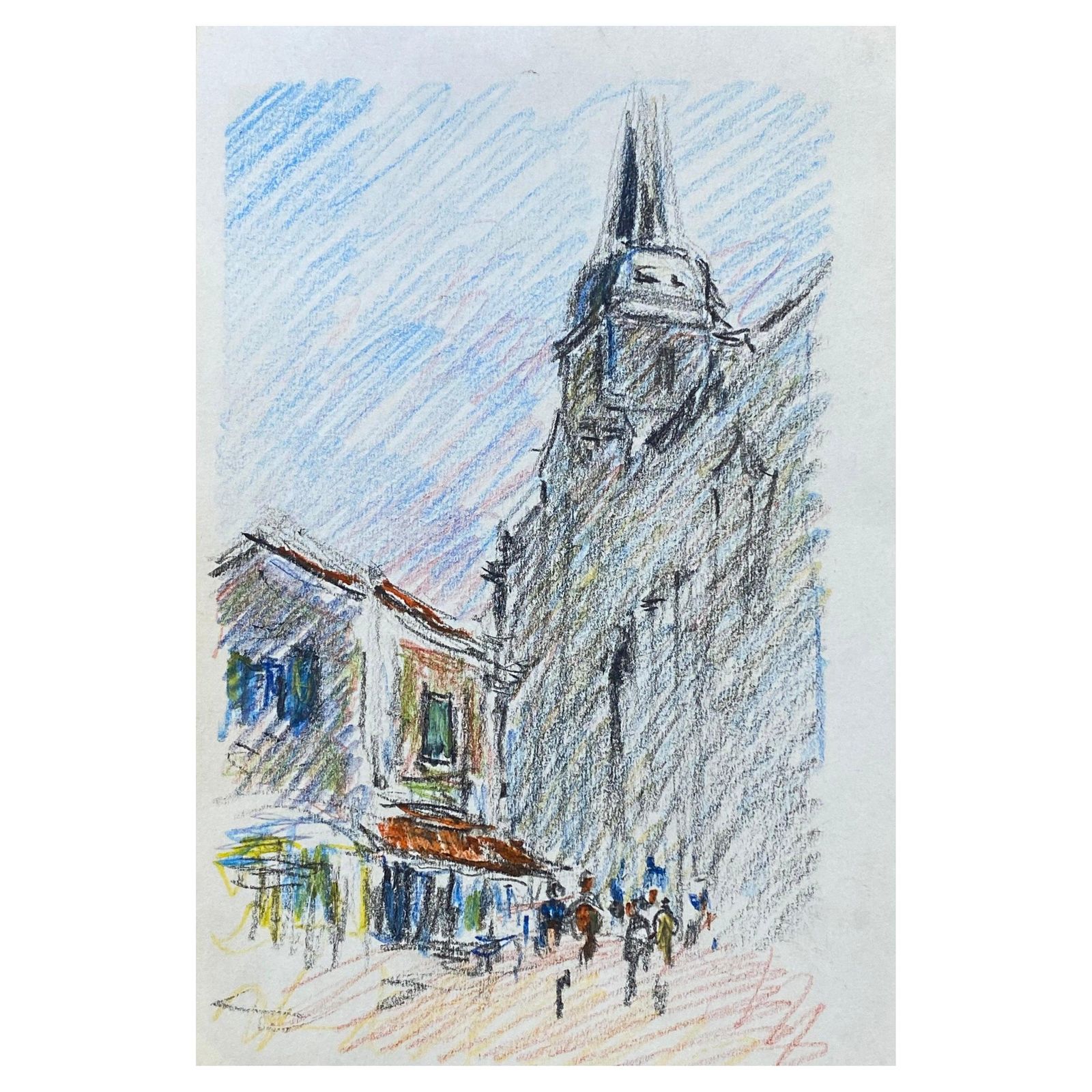 Unknownold Provence Town Impressionist Crayon Drawing, Figures Mooching By Cafecirca 1940s
